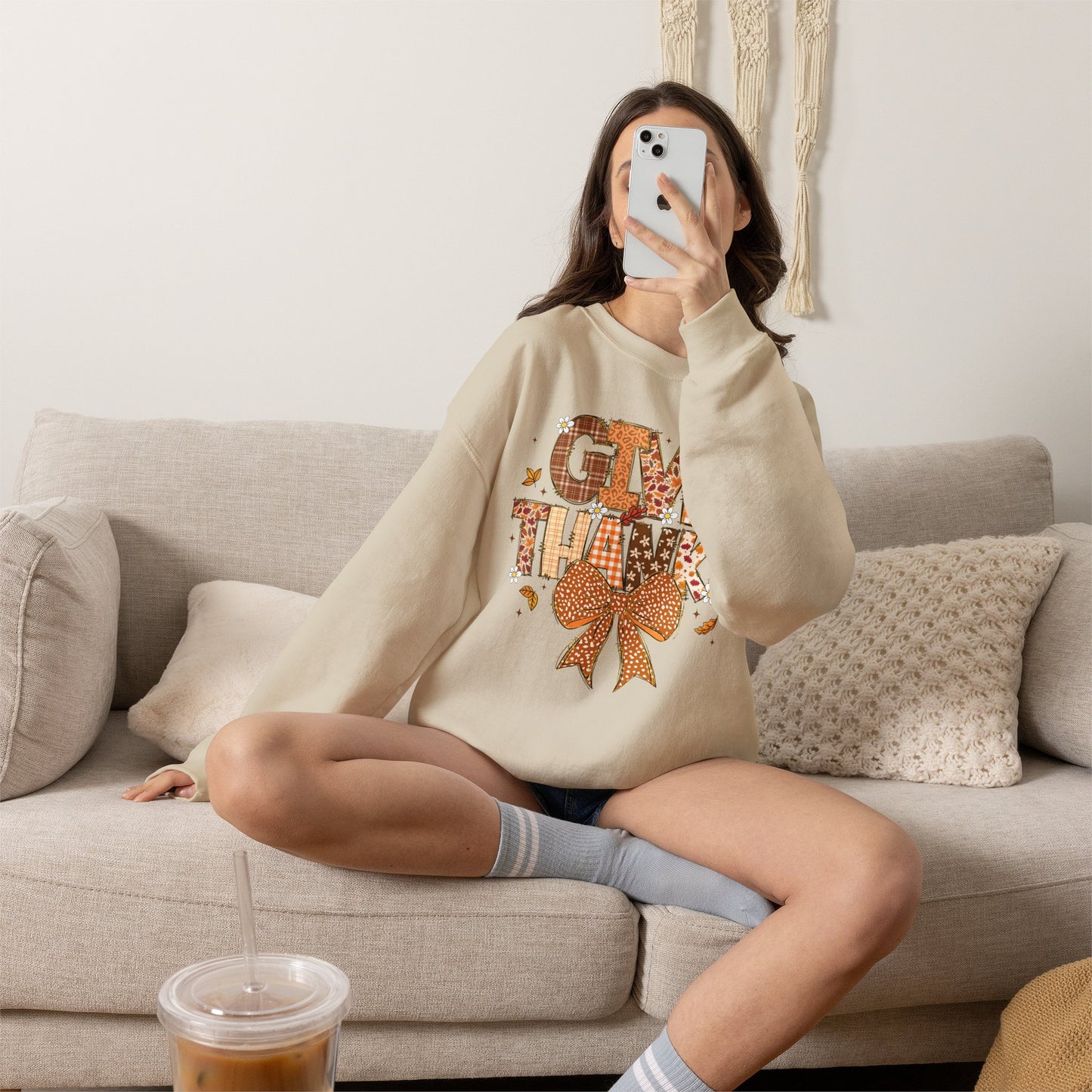 Give Thanks Crewneck Sweatshirt — Autumn Plaid Thanksgiving Pullover