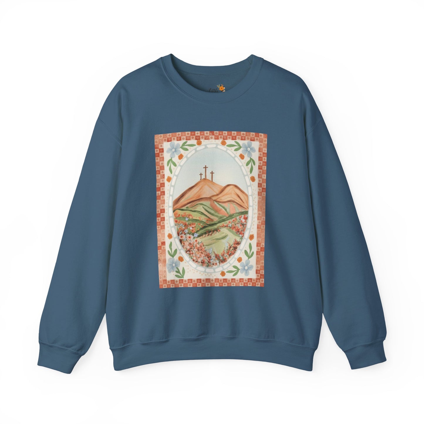 Easter Landscape Faith Sweatshirt (Front Only) • Christian Mountain Cross Crewneck • Floral Resurrection Scene Graphic