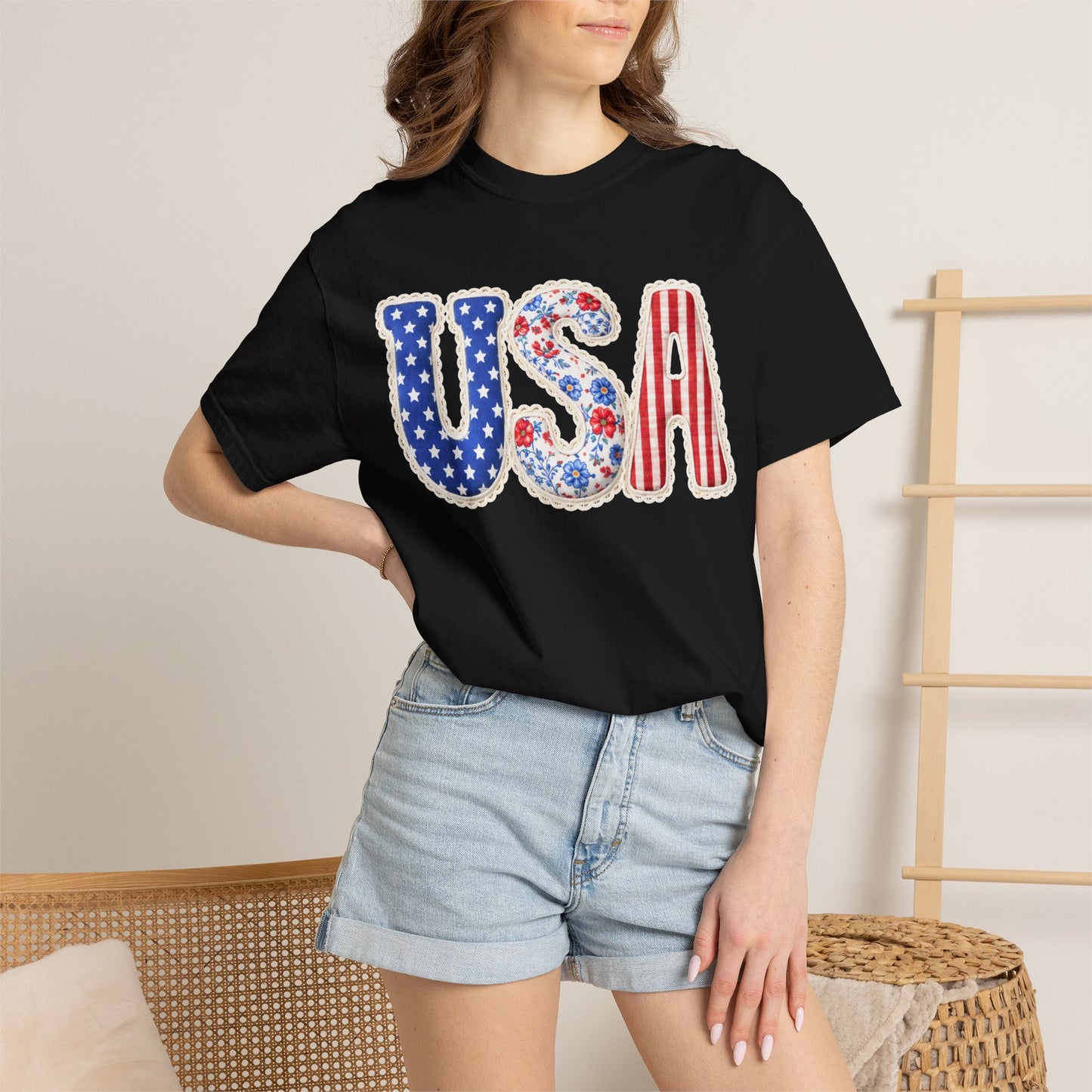 Floral Patchwork USA Shirt • Preppy Patriotic Tee • Vintage Americana Gingham Shirt • 4th of July Mom Outfit