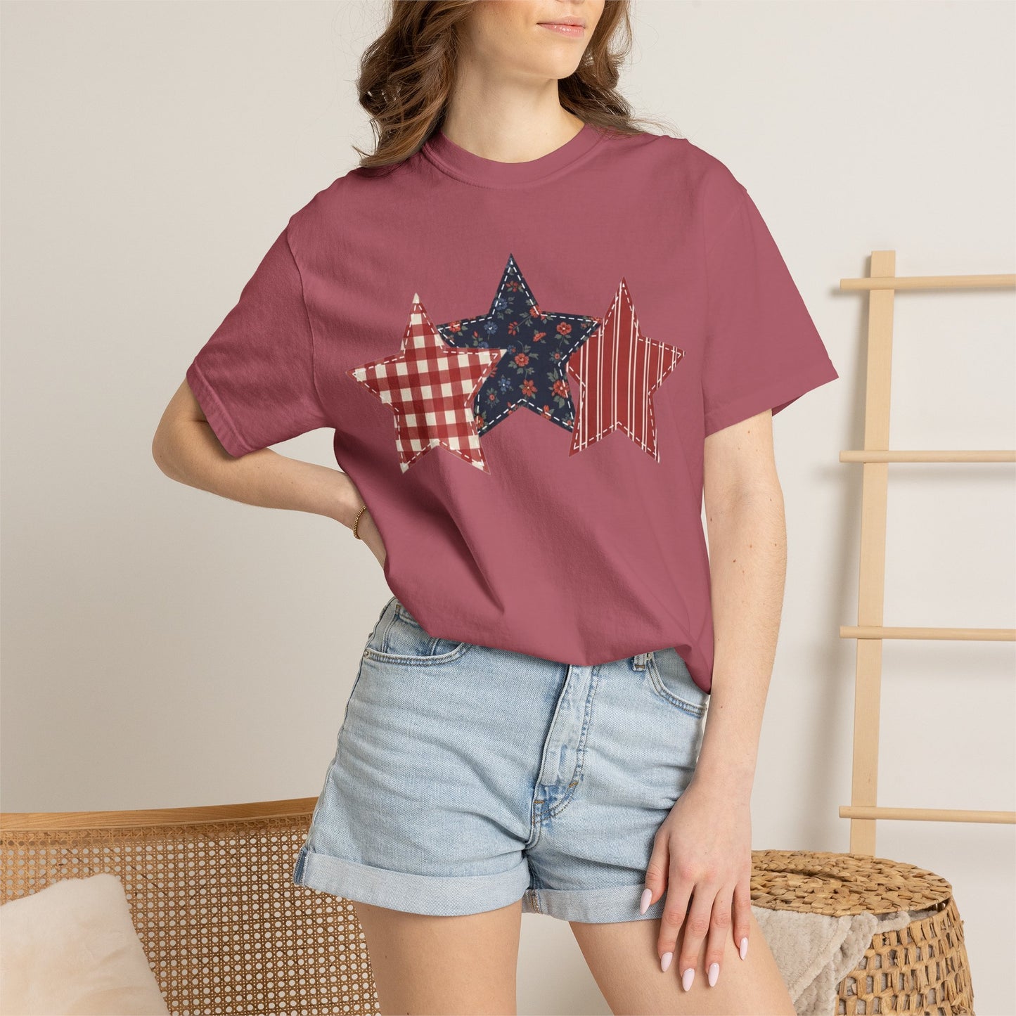 4th of July Patchwork Star T-Shirt for Summer nights • Floral Gingham Red White Blue USA Tee • Patriotic Outfit