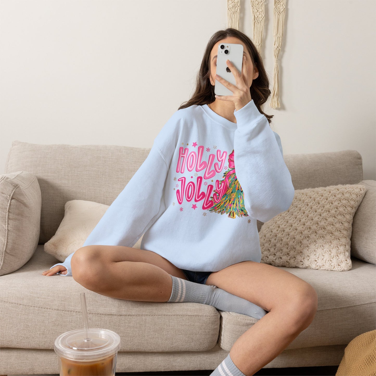 Holly Jolly Pink Christmas Tree Crewneck Sweatshirt