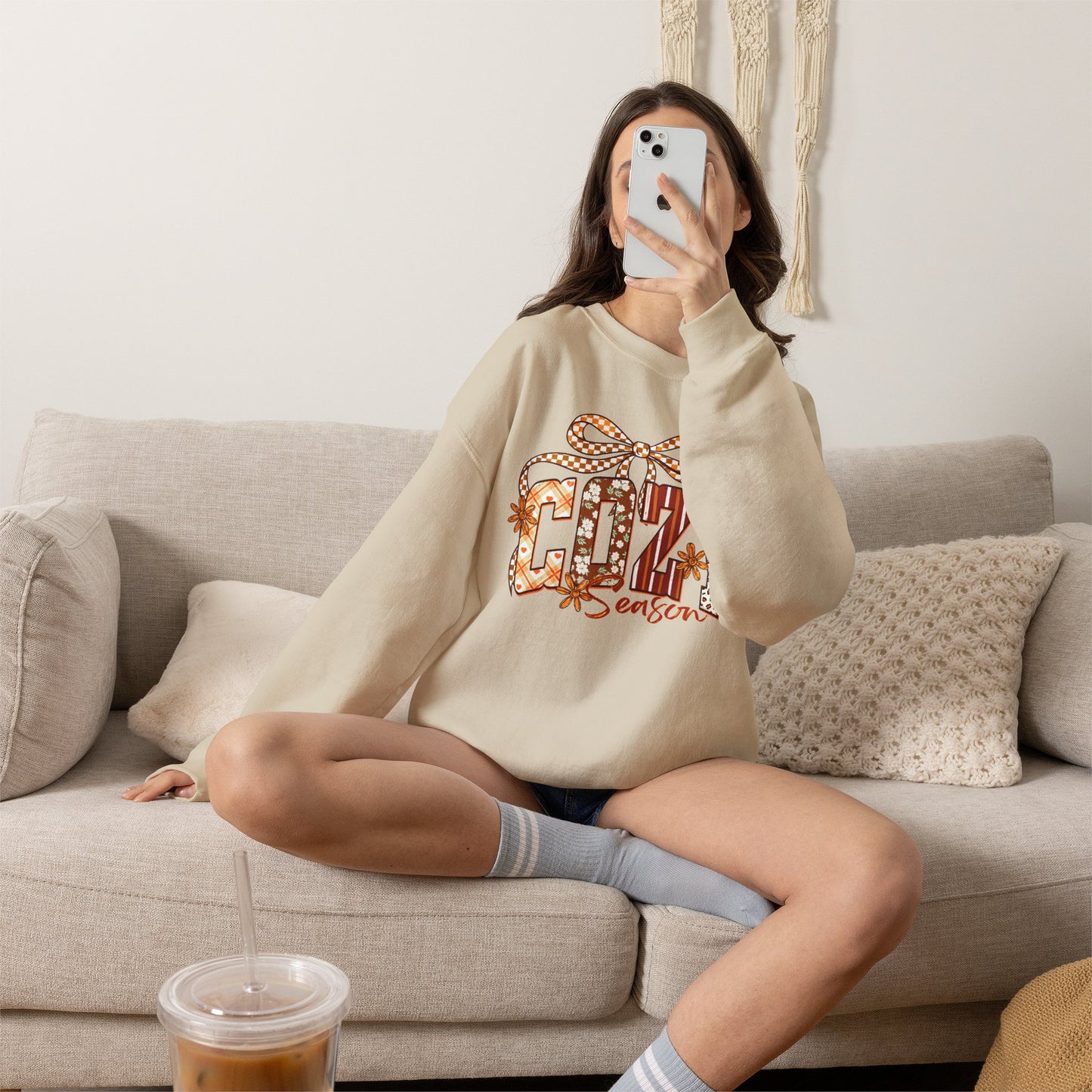 Cozy Season Sweatshirt — Holiday Gift Bow Graphic Crewneck