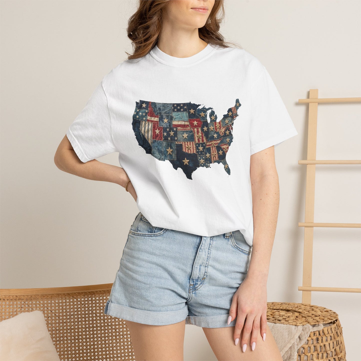 Denim American Flag T-Shirt • USA Patchwork Map Tee • Patriotic Vintage Stars Graphic Shirt