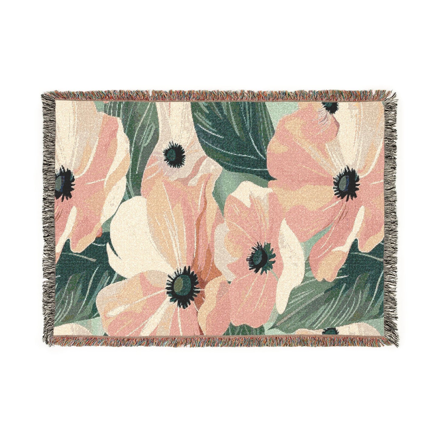 Floral Woven Blanket — Vintage Pink & Green Botanical Throw