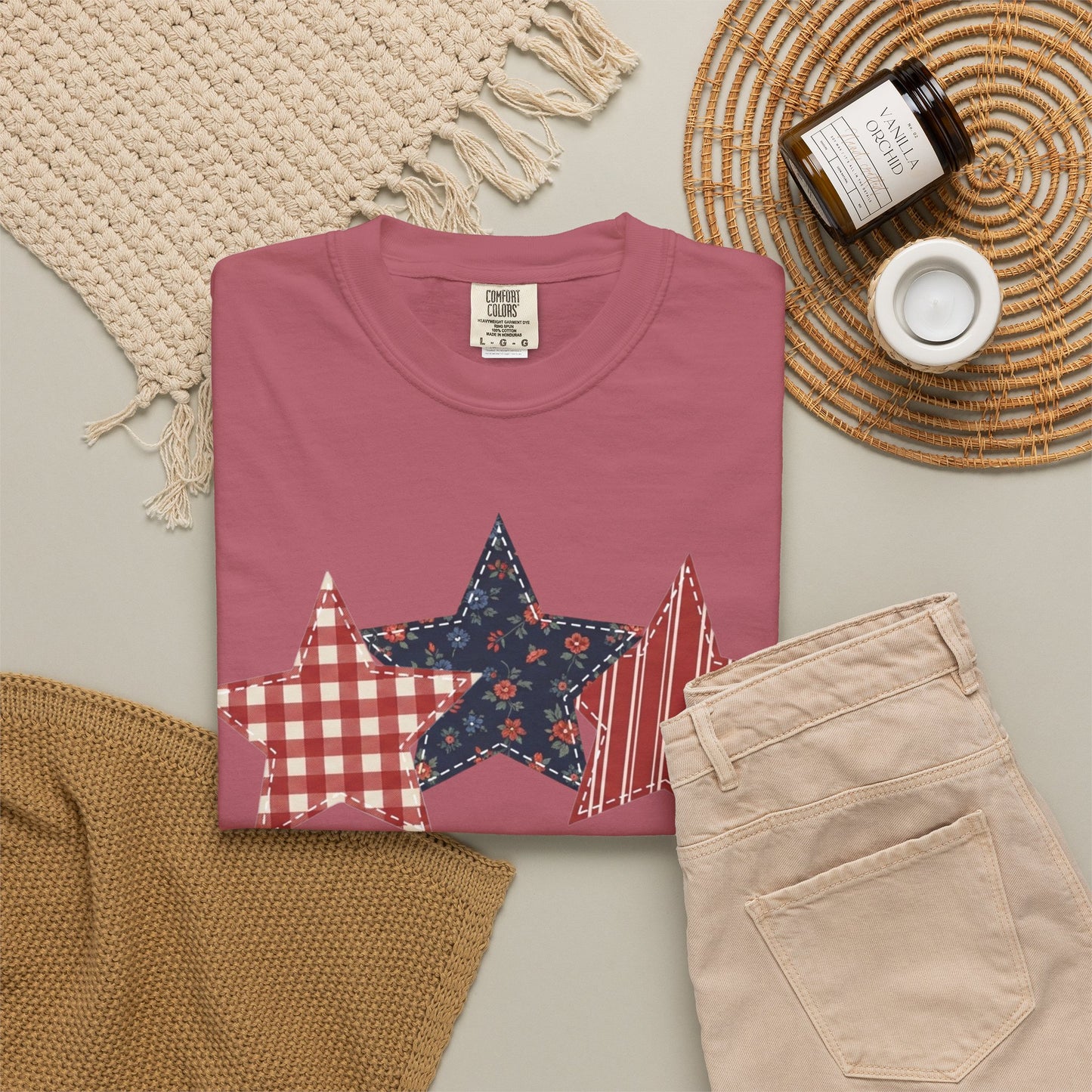 4th of July Patchwork Star T-Shirt for Summer nights • Floral Gingham Red White Blue USA Tee • Patriotic Outfit