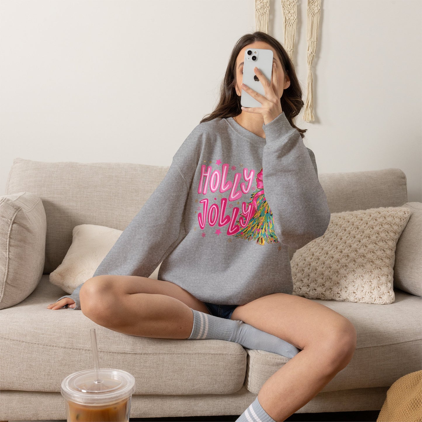 Holly Jolly Pink Christmas Tree Crewneck Sweatshirt