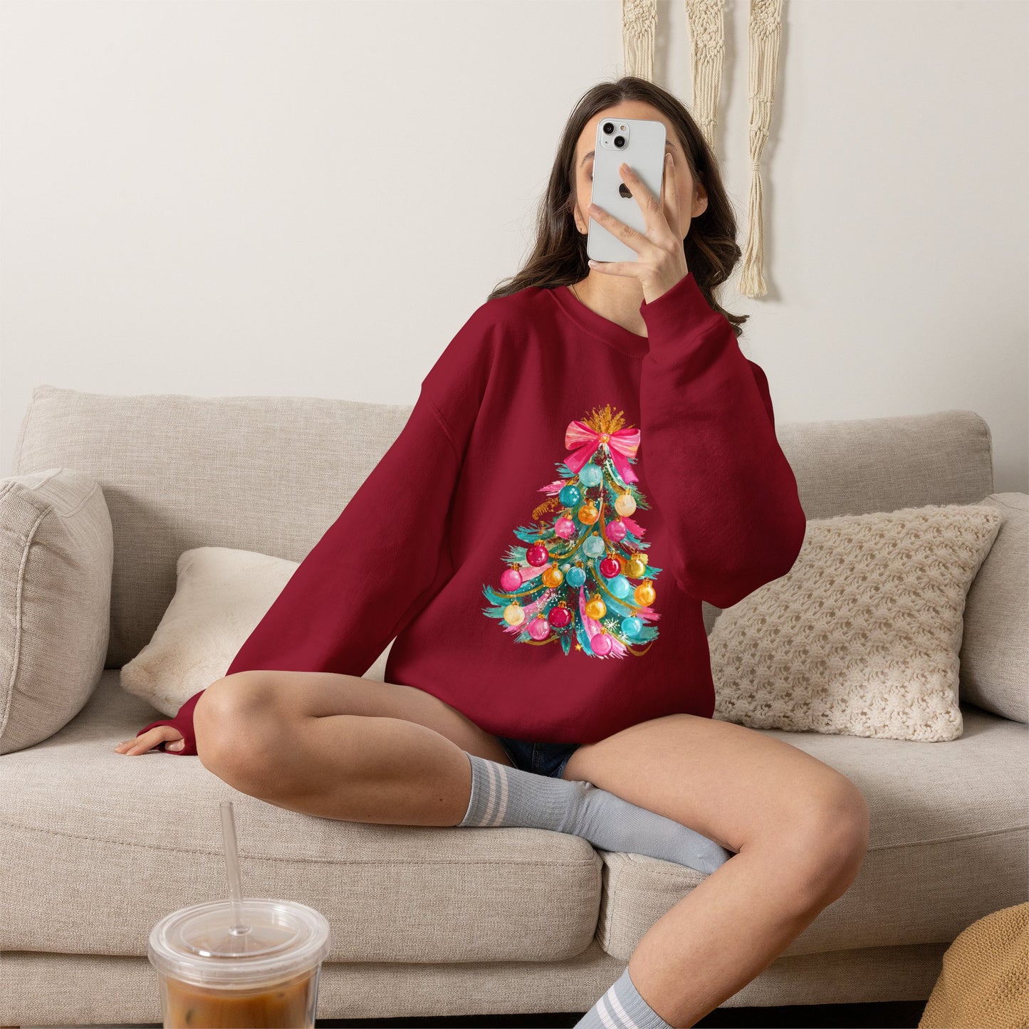 Preppy Pastel Christmas OrnamentTree Crewneck Sweatshirt — Pastel Ornament Holiday Sweatshirt