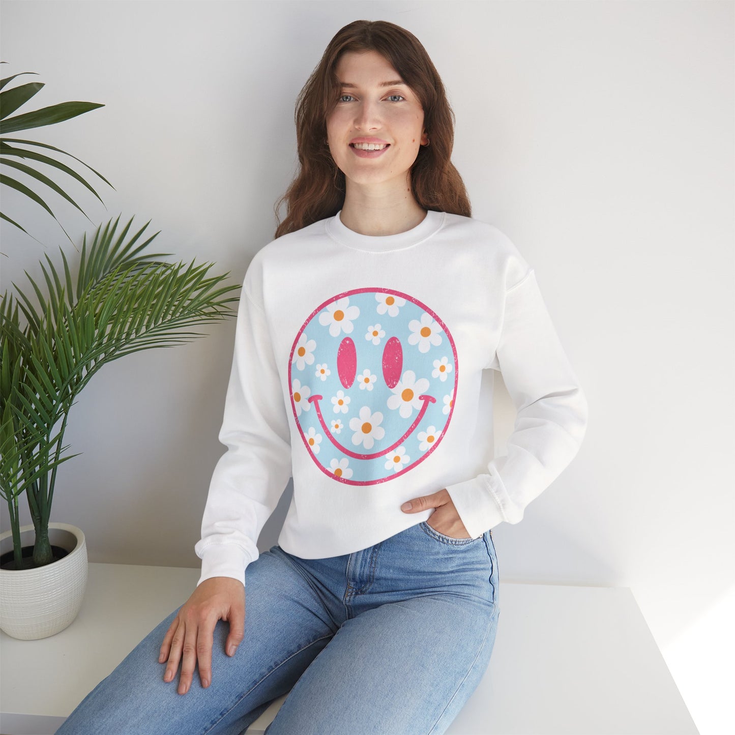 Retro Daisy Smile Sweatshirt • Floral Happy Face Crewneck • Cute Mama Cozy Sweatshirt