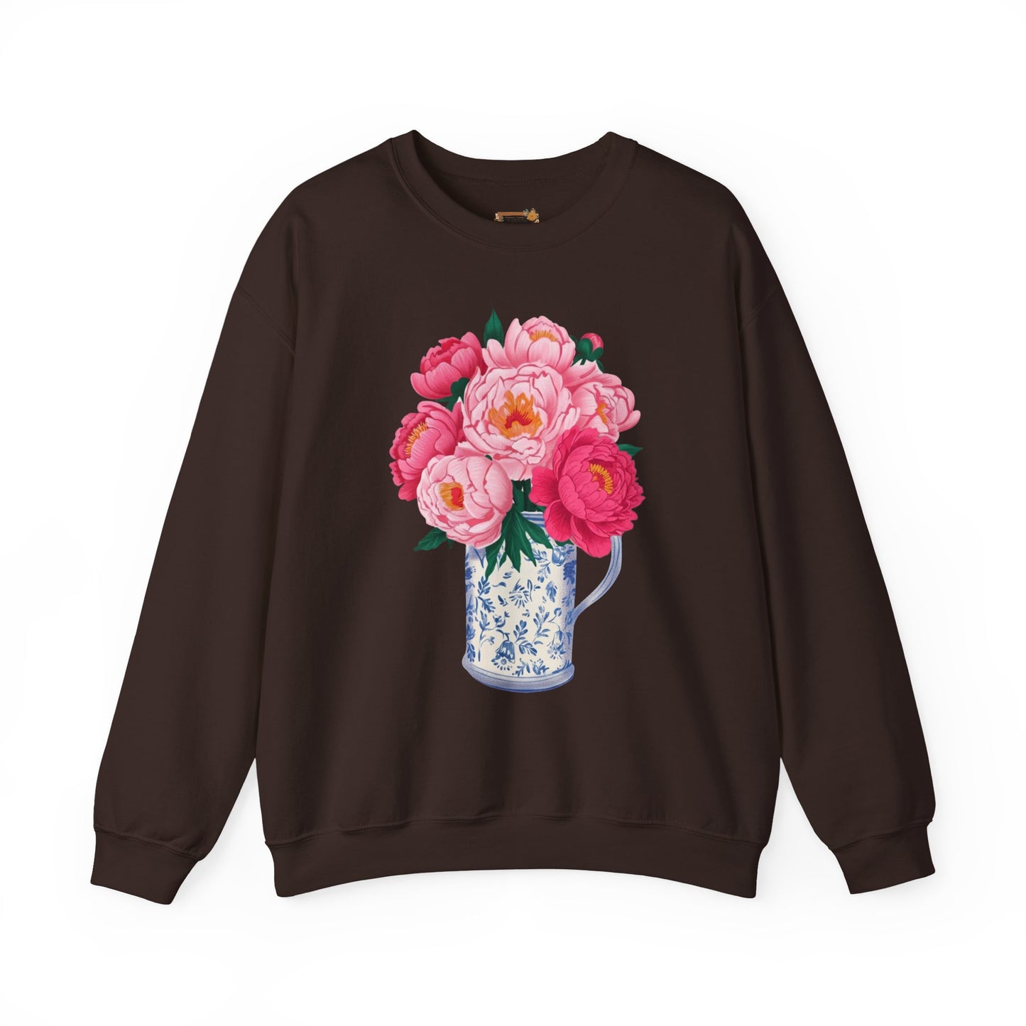 Pink Peonies in Blue Vintage Vase Floral Sweatshirt • Cottagecore Garden Bouquet Crewneck • Botanical Apparel