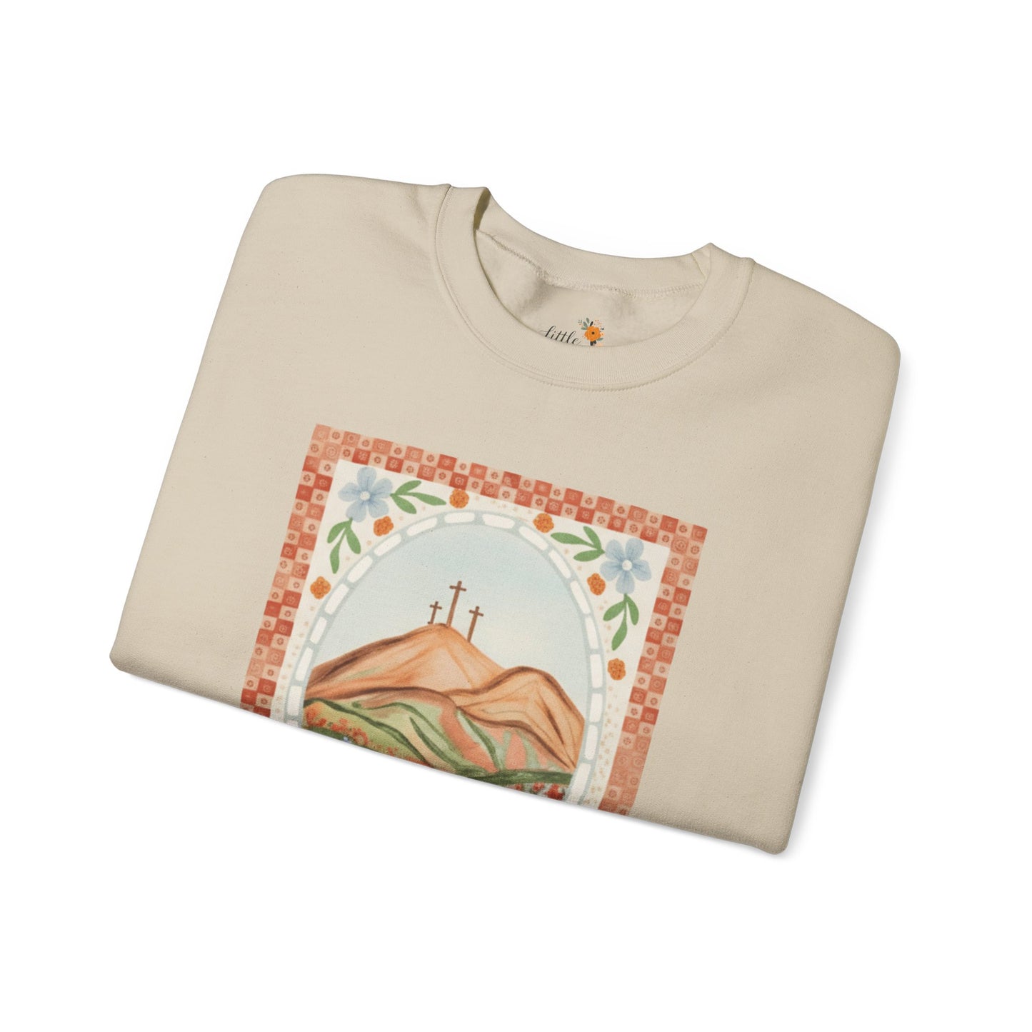 Easter Landscape Faith Sweatshirt (Front Only) • Christian Mountain Cross Crewneck • Floral Resurrection Scene Graphic