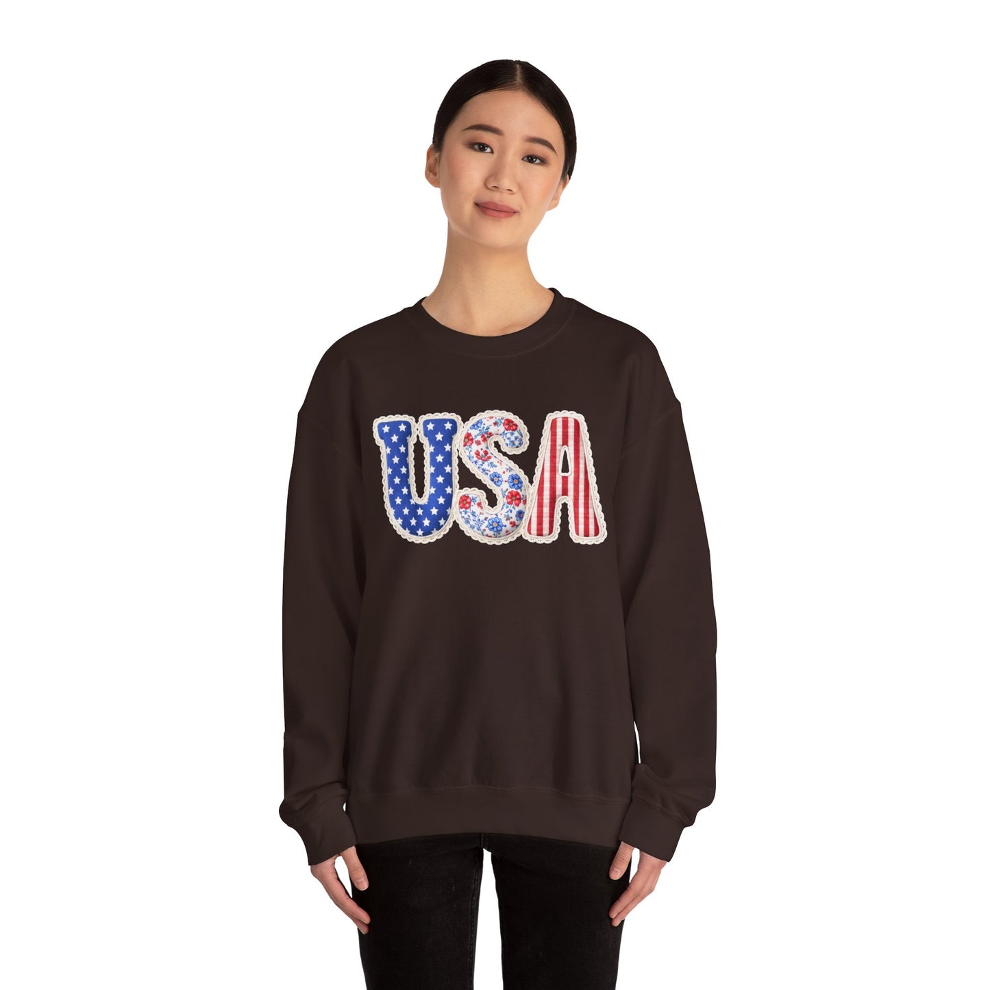 Floral Patchwork USA Crewneck • Preppy Patriotic Sweatshirt • Vintage Americana Gingham Sweatshirt • Cozy Summer Mom Outfit