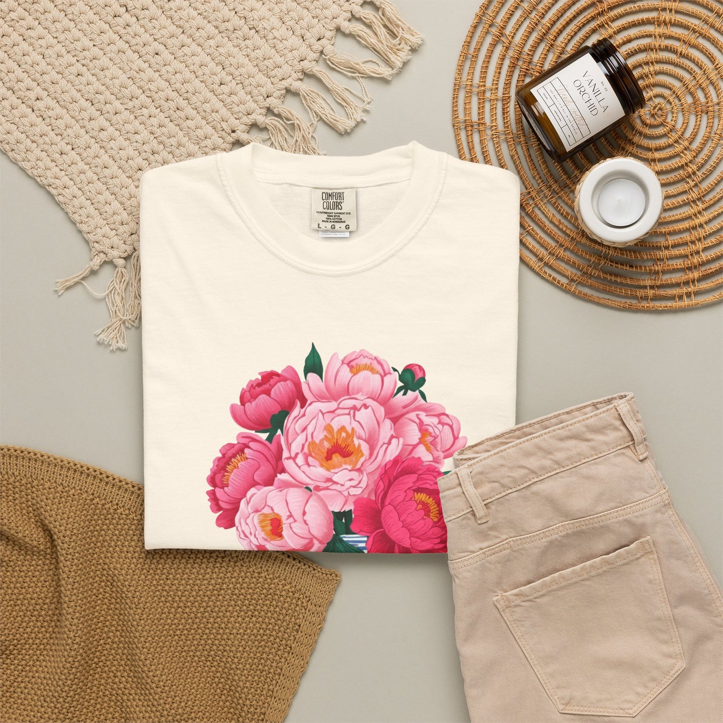 Peony Bouquet T-Shirt — Pink Peony in Vintage White & Blue Floral Vase