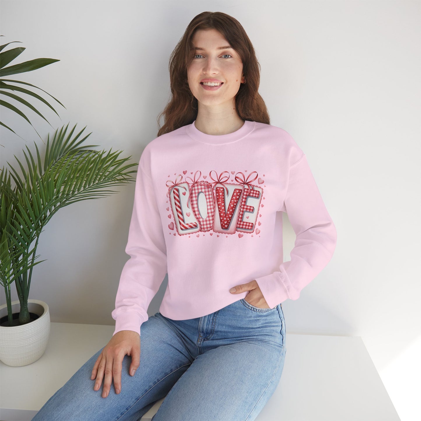 Valentine LOVE Sweatshirt with Coquette Bows and Patchwork Letters • Girly Romantic Aesthetic