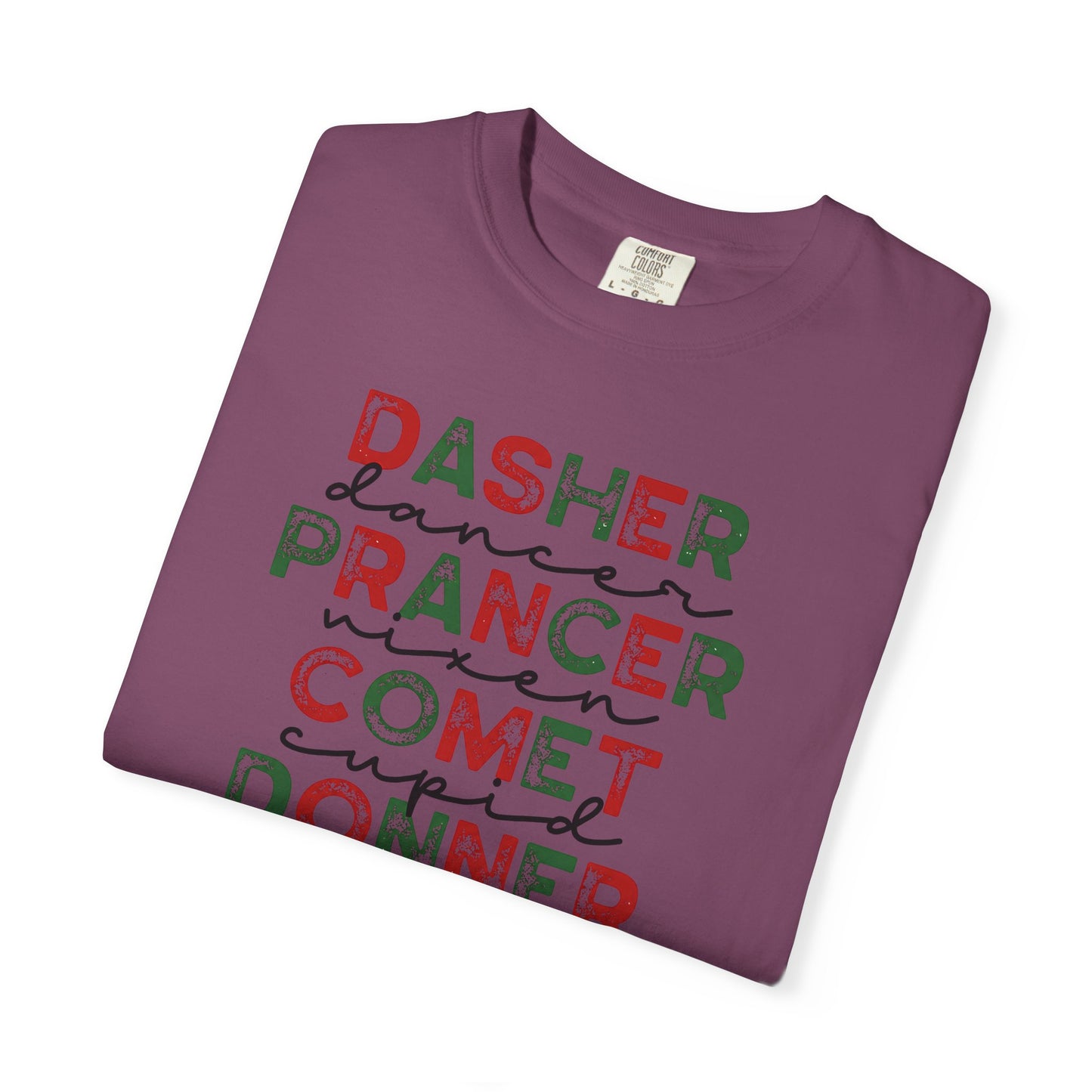 Reindeer Names Christmas T-Shirt — Dasher, Dancer, Prancer, Vixen, Comet, Cupid, Donner, Rudolph