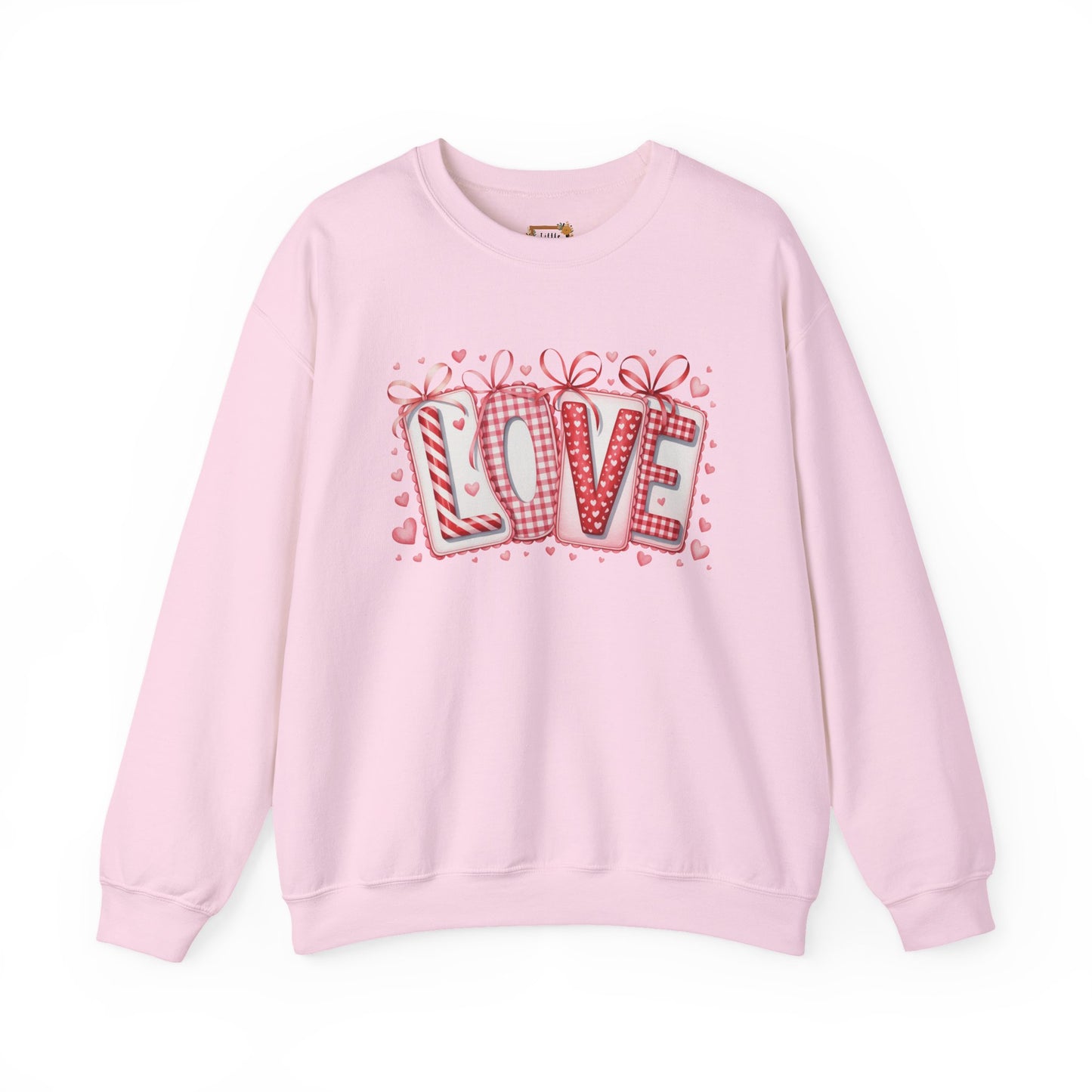 Valentine LOVE Sweatshirt with Coquette Bows and Patchwork Letters • Girly Romantic Aesthetic
