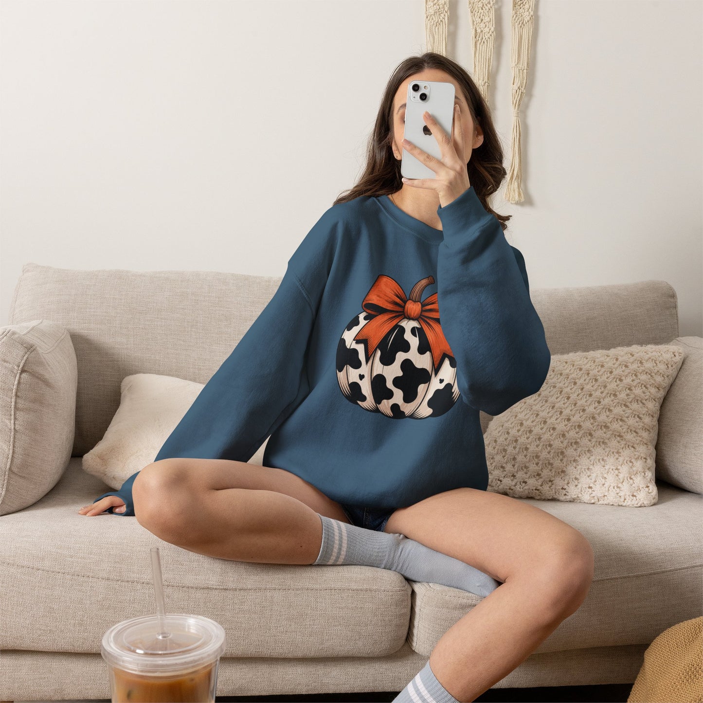 Cow print Pumpkin Sweatshirt — Halloween Fall Crewneck with Orange Bow