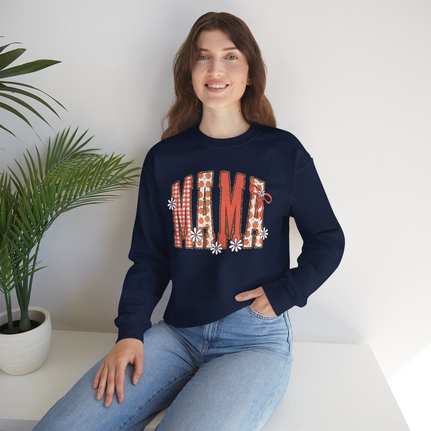 Daisy Peach MAMA Floral Sweatshirt • Spring Graphic Crew • Peach Gingham Mom pullover • Feminine Boutique Everyday Outfit
