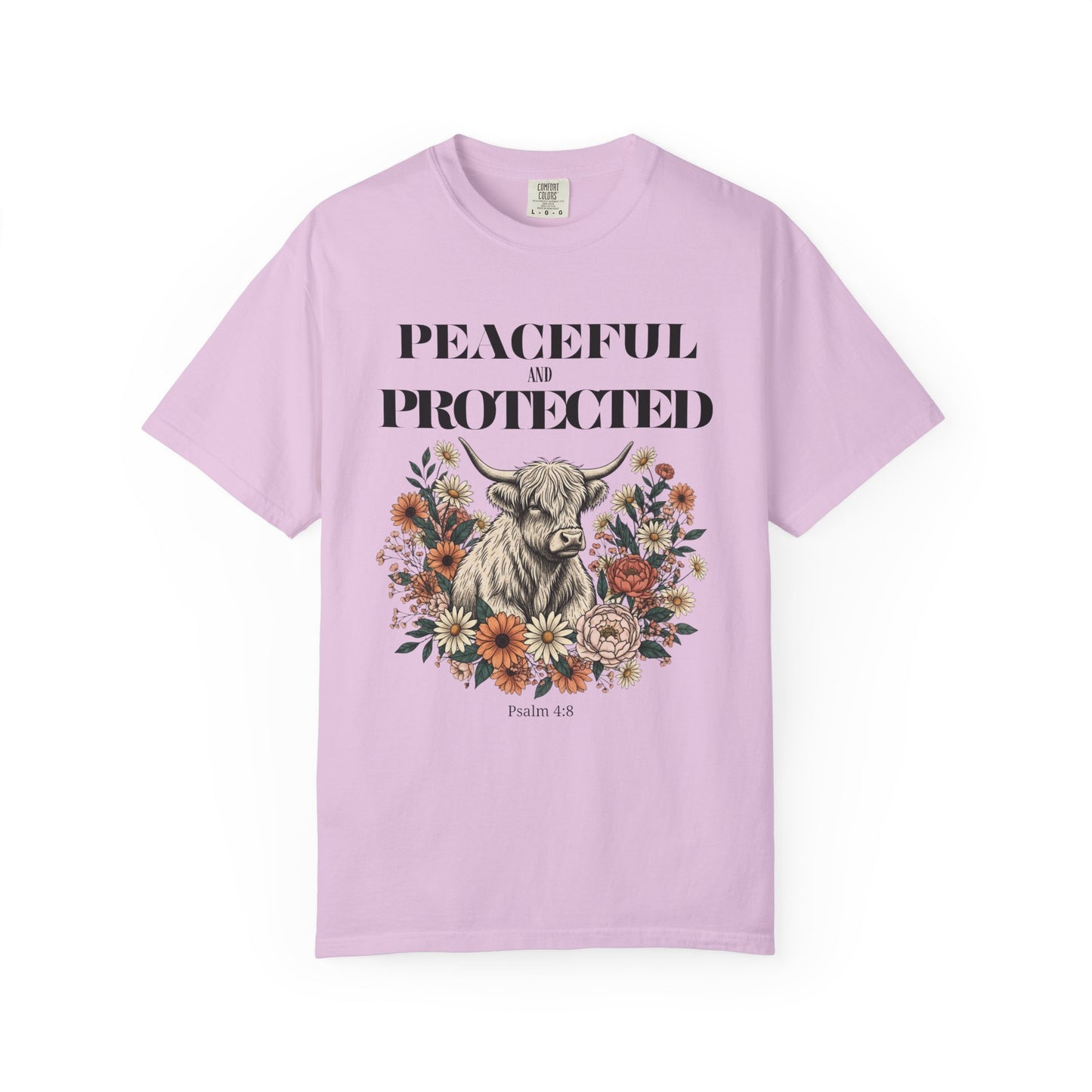 Peaceful and Protected Highland Cow Tee • Psalm 4:8 • Western Floral Faith Shirt