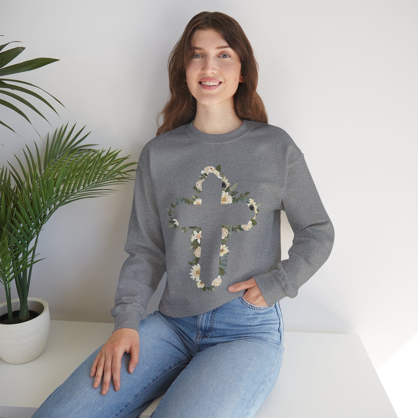 Floral Cross Crewneck Sweatshirt — Christian Faith Floral Pullover