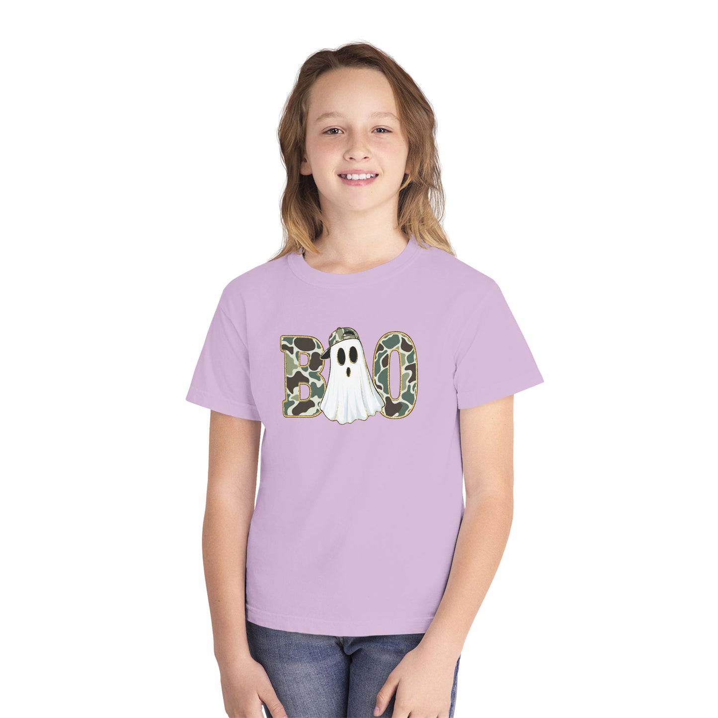 BOO Ghost Youth Tee — Camo Pattern Halloween Shirt for Kids