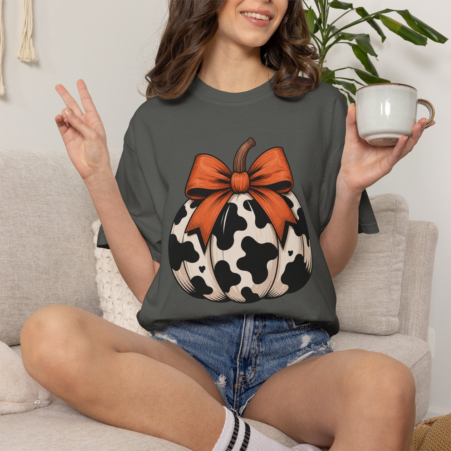 Cow Print Pumpkin T-Shirt — Fall Pumpkin with Orange Bow Graphic Tee