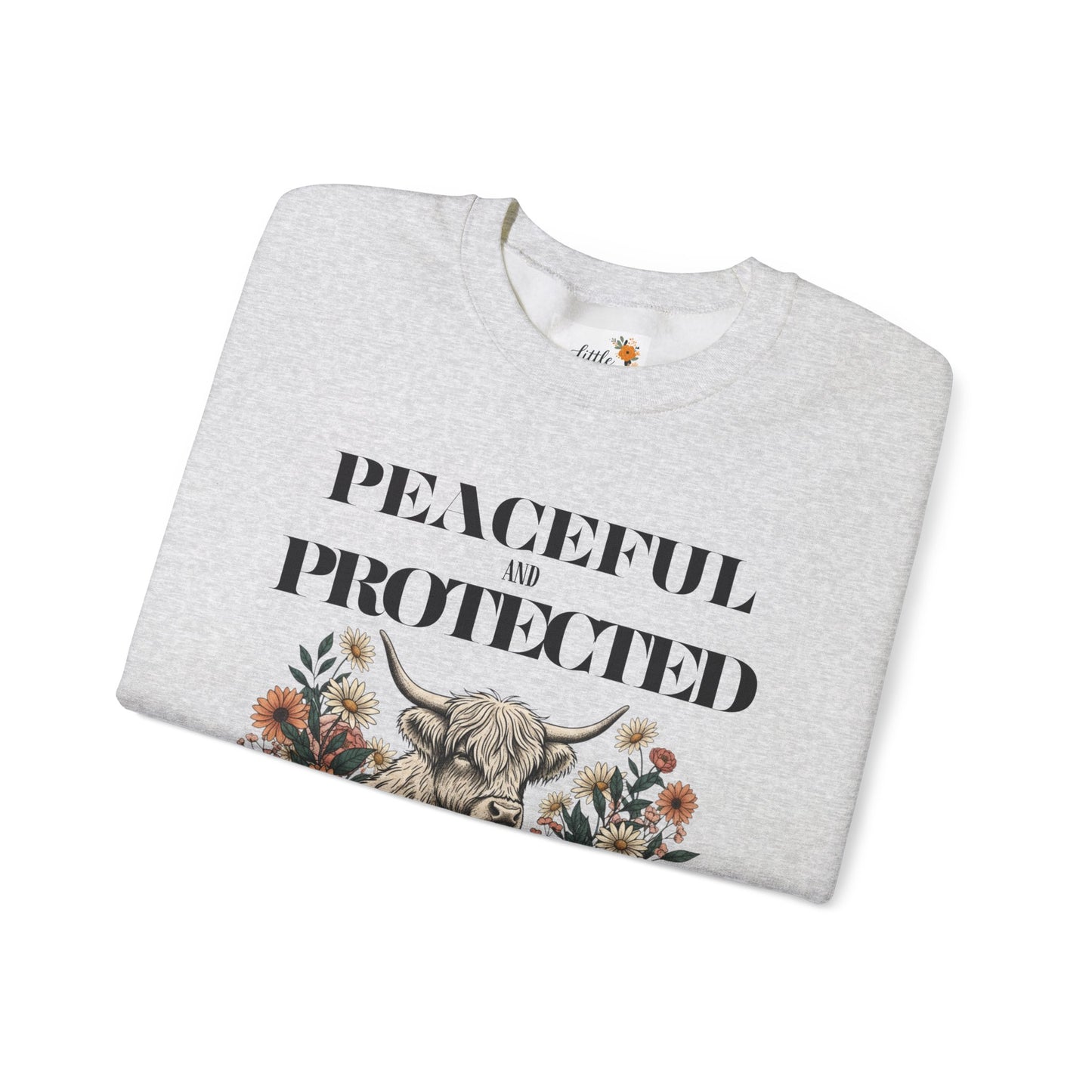 Peaceful and Protected Highland Cow Floral Sweatshirt • Psalm 4:8 Christian Crewneck • Western Cow Faith Graphic
