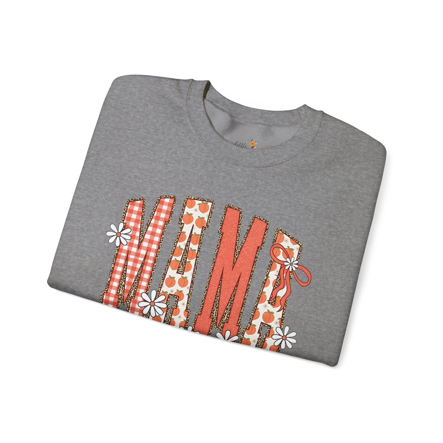Daisy Peach MAMA Floral Sweatshirt • Spring Graphic Crew • Peach Gingham Mom pullover • Feminine Boutique Everyday Outfit