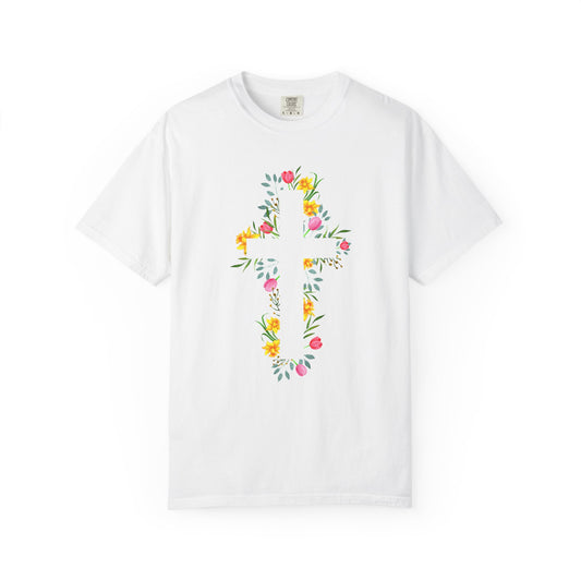 Floral Cross T-Shirt — Christian Faith Tee with Watercolor Flowers