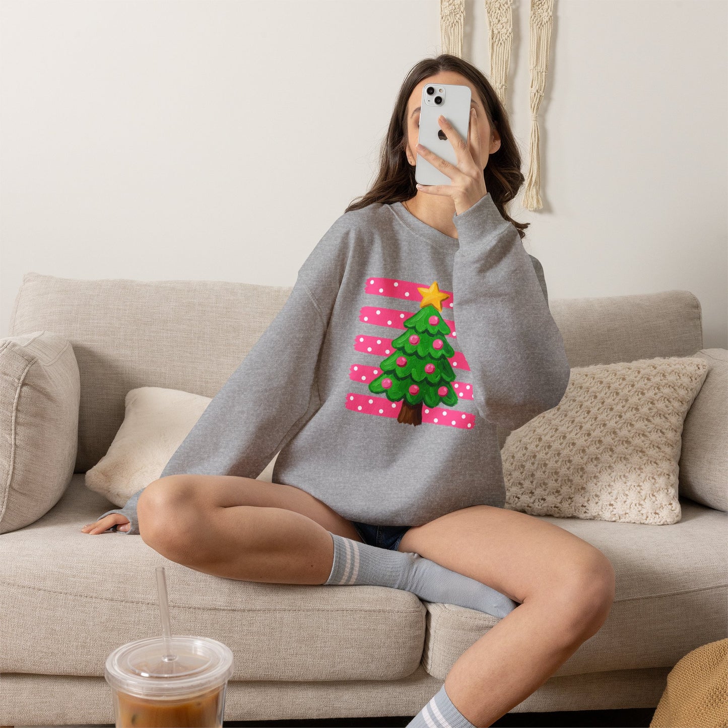 Preppy Pink Christmas Tree Sweatshirt - Pink Striped Holiday Crewneck