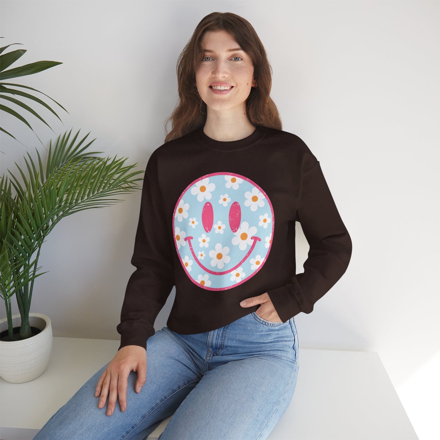 Retro Daisy Smile Sweatshirt • Floral Happy Face Crewneck • Cute Mama Cozy Sweatshirt