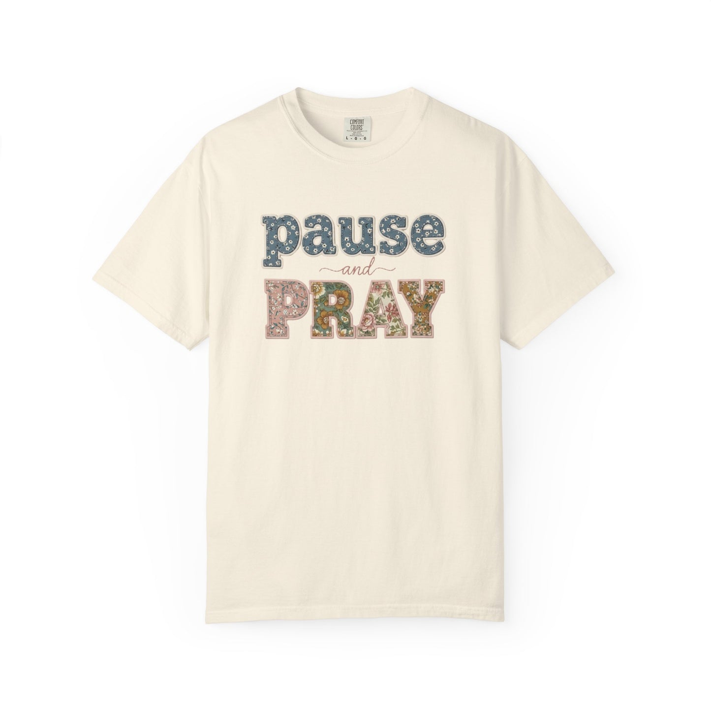 Pause and Pray Feux Patchwork Floral Scripture Tshirt • Vintage Cottagecore Christian Apparel for Women • Feminine Faith Aesthetic Tee