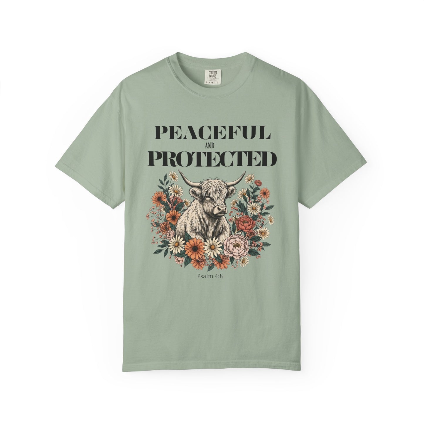 Peaceful and Protected Highland Cow Tee • Psalm 4:8 • Western Floral Faith Shirt