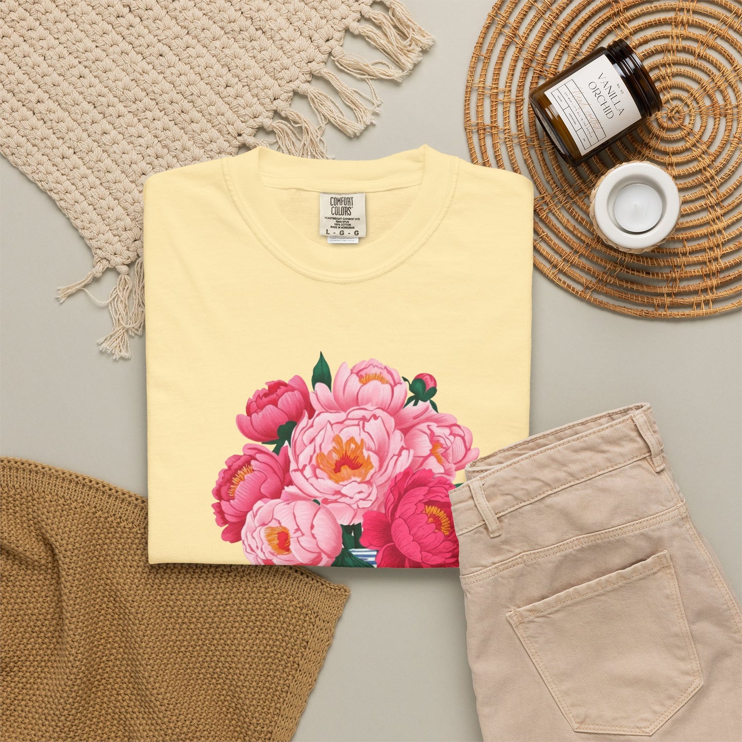 Peony Bouquet T-Shirt — Pink Peony in Vintage White & Blue Floral Vase