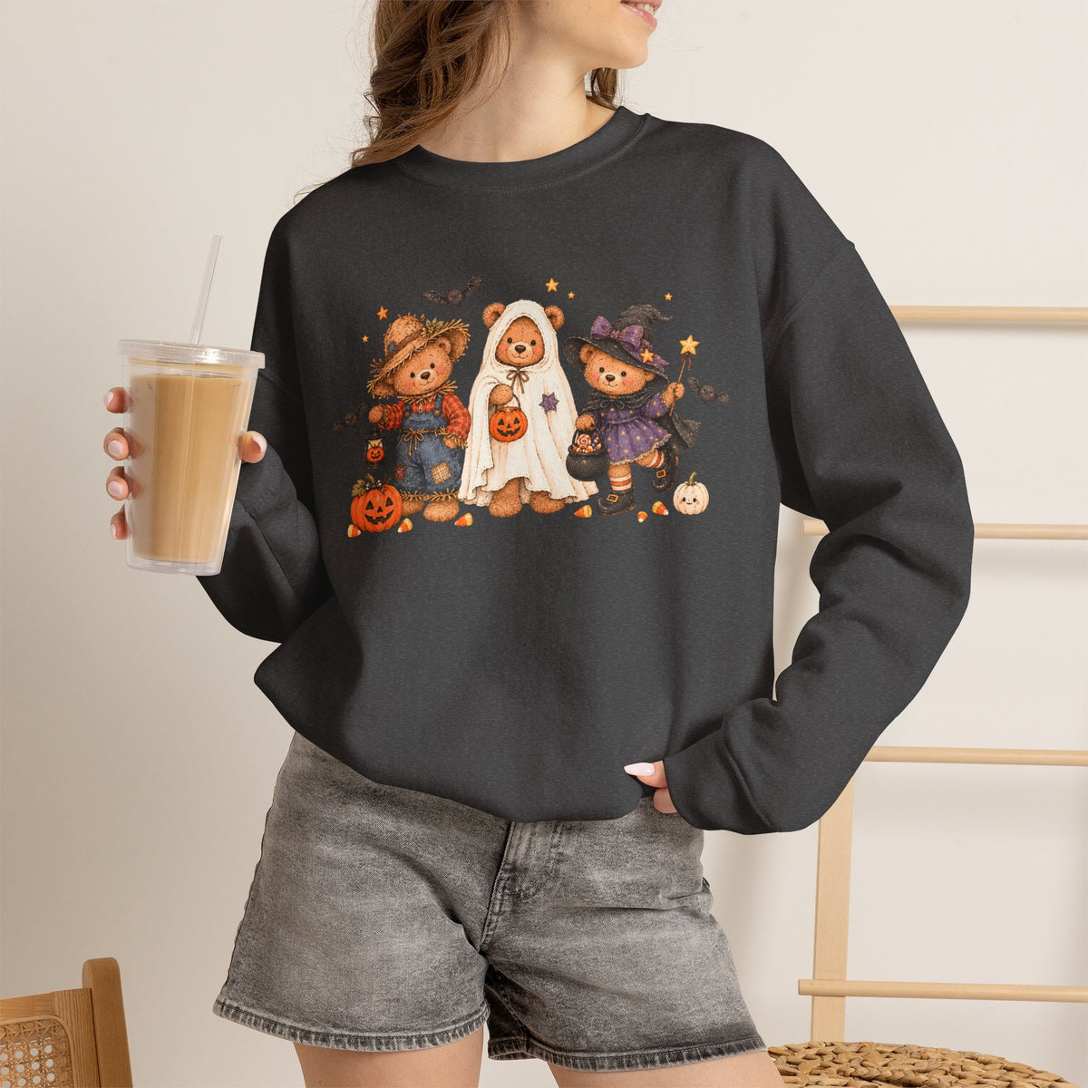Halloween Teddy Bear Sweatshirt, Cute Trick or Treat Crewneck, Witch Ghost Scarecrow Bears, Spooky Season Fall Sweatshirt
