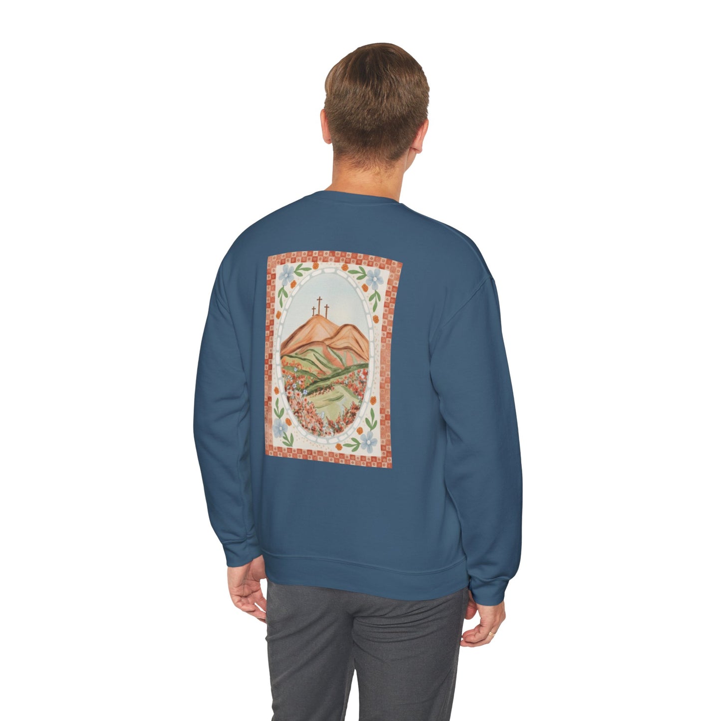 Easter Landscape Faith Sweatshirt (Front & Back) • Christian Mountain Cross Crewneck • Floral Resurrection Scene Graphic