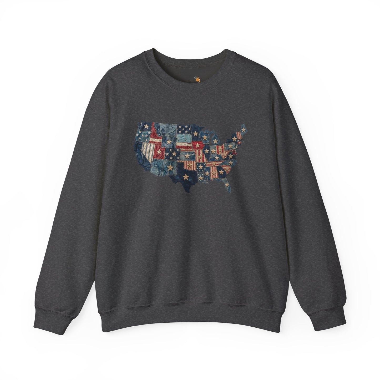 Patchwork American Flag Sweatshirt • USA Denim Map Crewneck • Patriotic Vintage Stars Graphic