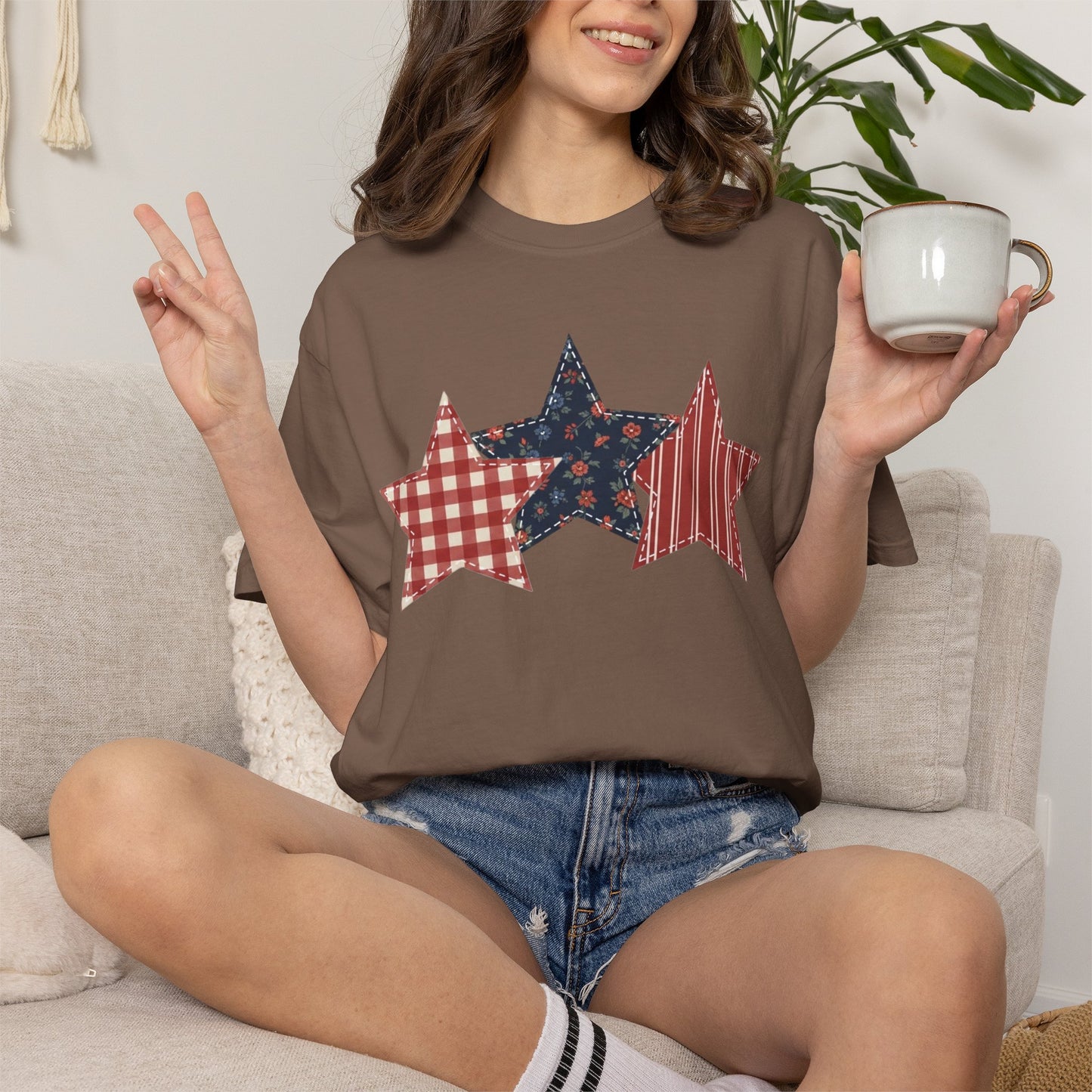 4th of July Patchwork Star T-Shirt for Summer nights • Floral Gingham Red White Blue USA Tee • Patriotic Outfit