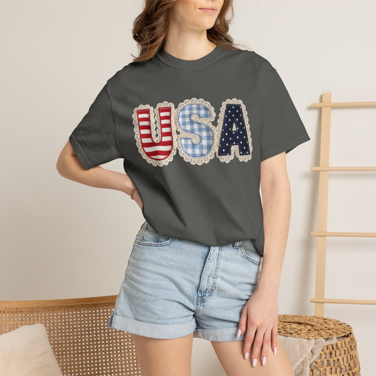 USA Patchwork Shirt • Preppy Patriotic Tee • Coquette Americana Top • Red White Blue Outfit Shirt