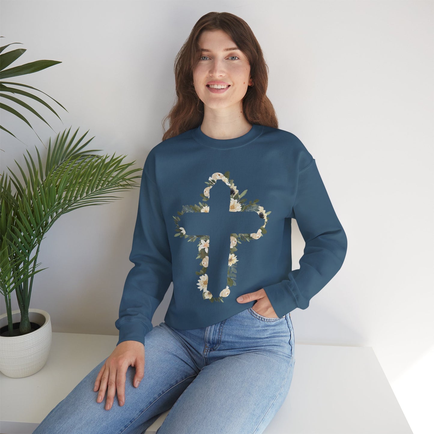 Floral Cross Crewneck Sweatshirt — Christian Faith Floral Pullover
