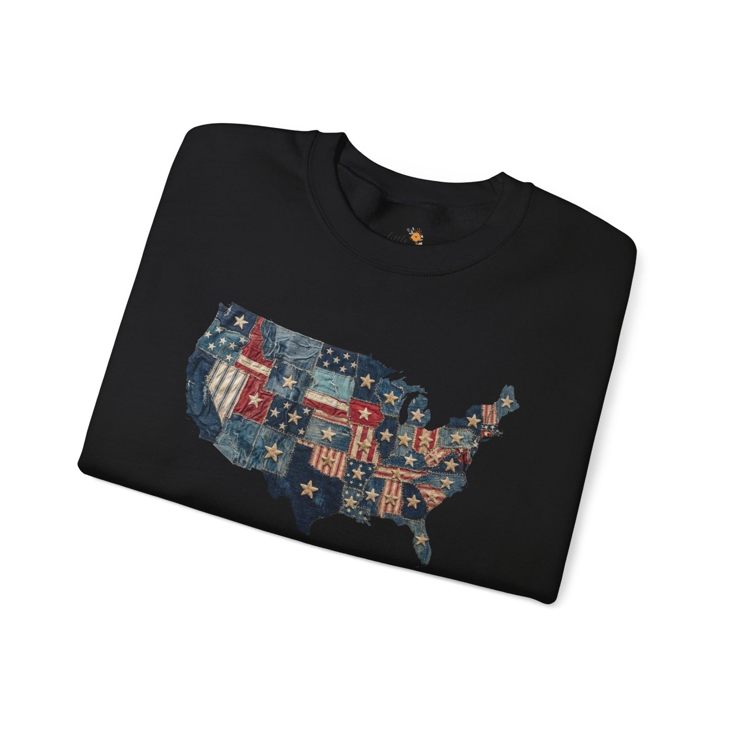 Patchwork American Flag Sweatshirt • USA Denim Map Crewneck • Patriotic Vintage Stars Graphic