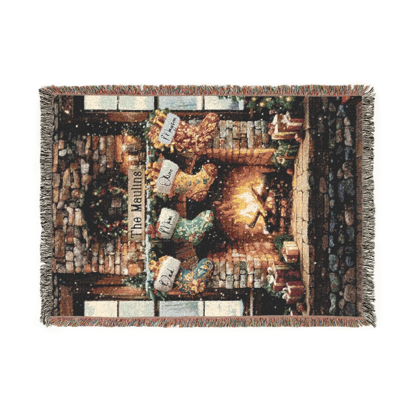 Custom Family Fireplace Christmas Woven Blanket