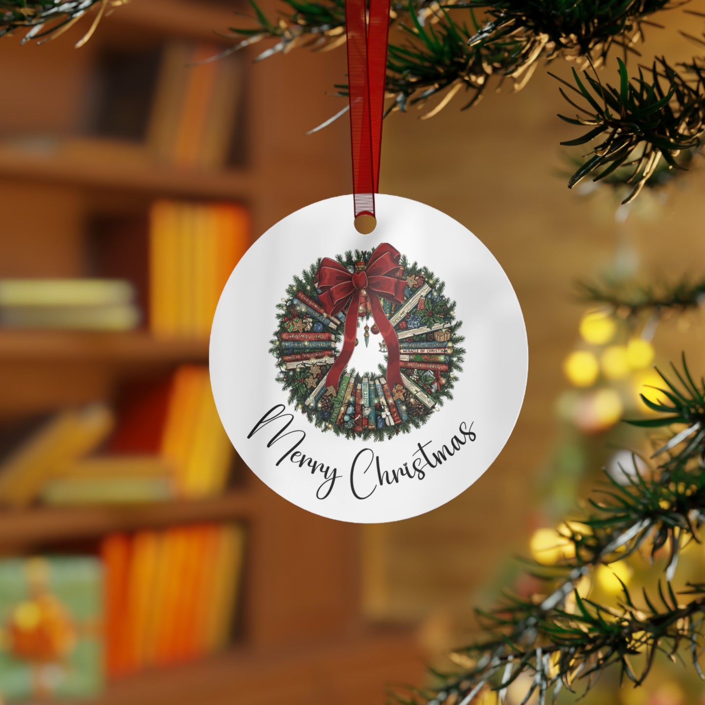Bookish Wreath Metal Christmas Ornaments, Festive Holiday Decor, Personalized Gift for Tree, DIY Christmas Decorations, Wreath Design, Merry Christmas
