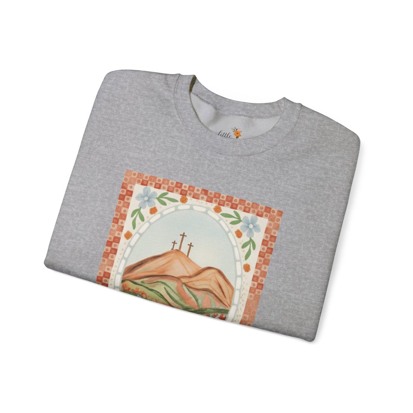 Easter Landscape Faith Sweatshirt (Front Only) • Christian Mountain Cross Crewneck • Floral Resurrection Scene Graphic