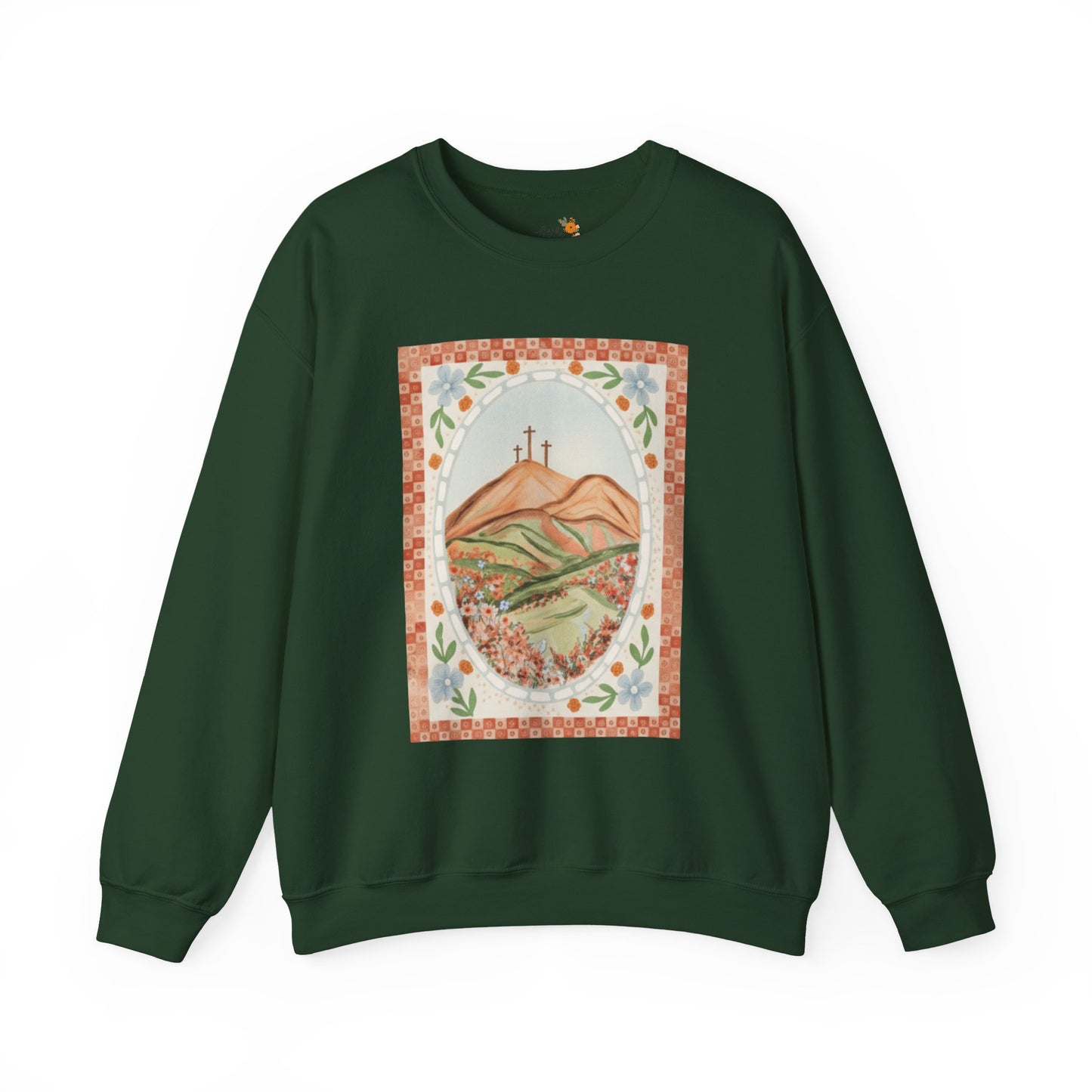 Easter Landscape Faith Sweatshirt (Front Only) • Christian Mountain Cross Crewneck • Floral Resurrection Scene Graphic