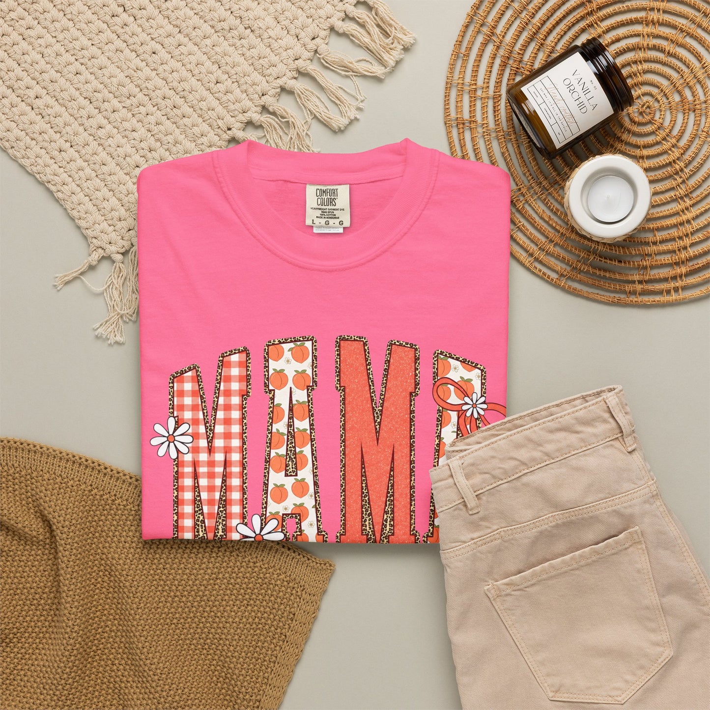 Daisy Peach MAMA Floral Shirt • Spring Graphic Tee • Peach Gingham Mom Shirt • Feminine Boutique Everyday Outfit