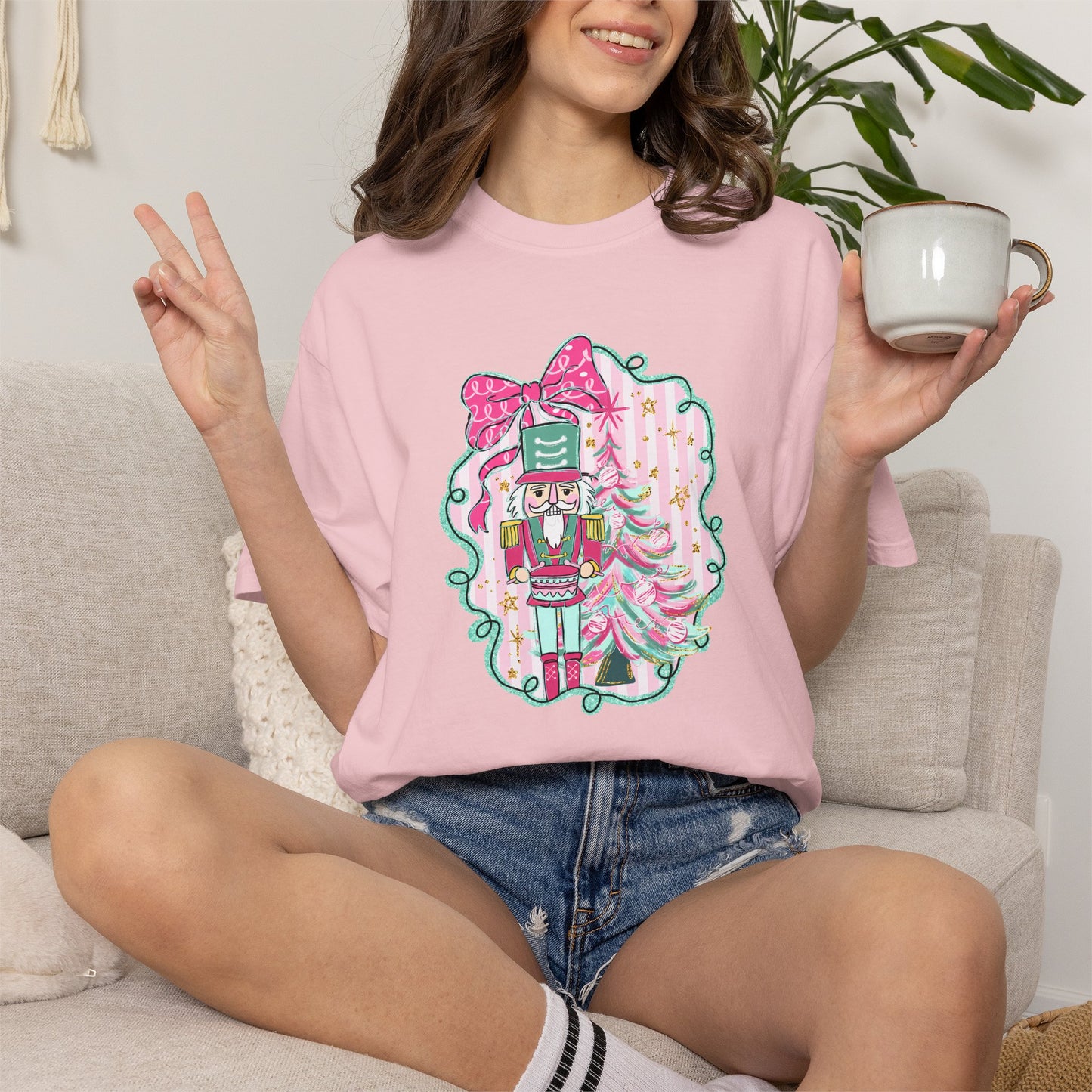 Nutcracker Christmas T-Shirt — Cute Pink Nutcracker with Ribbon Holiday Tee
