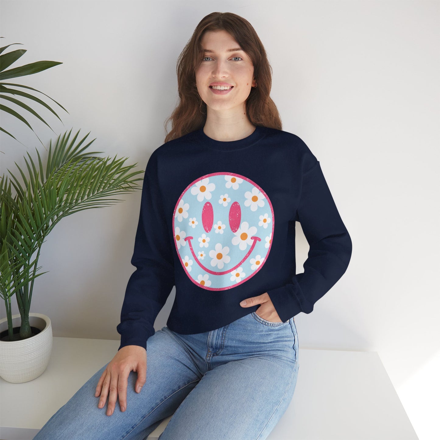 Retro Daisy Smile Sweatshirt • Floral Happy Face Crewneck • Cute Mama Cozy Sweatshirt
