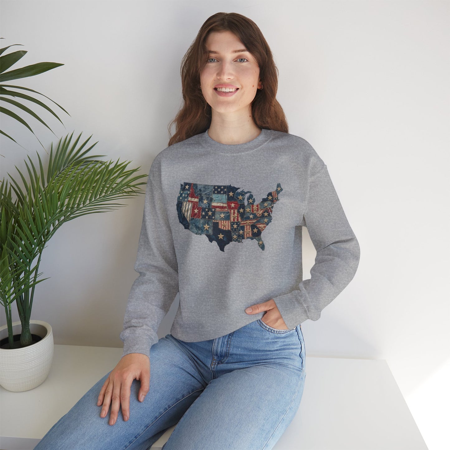 Patchwork American Flag Sweatshirt • USA Denim Map Crewneck • Patriotic Vintage Stars Graphic