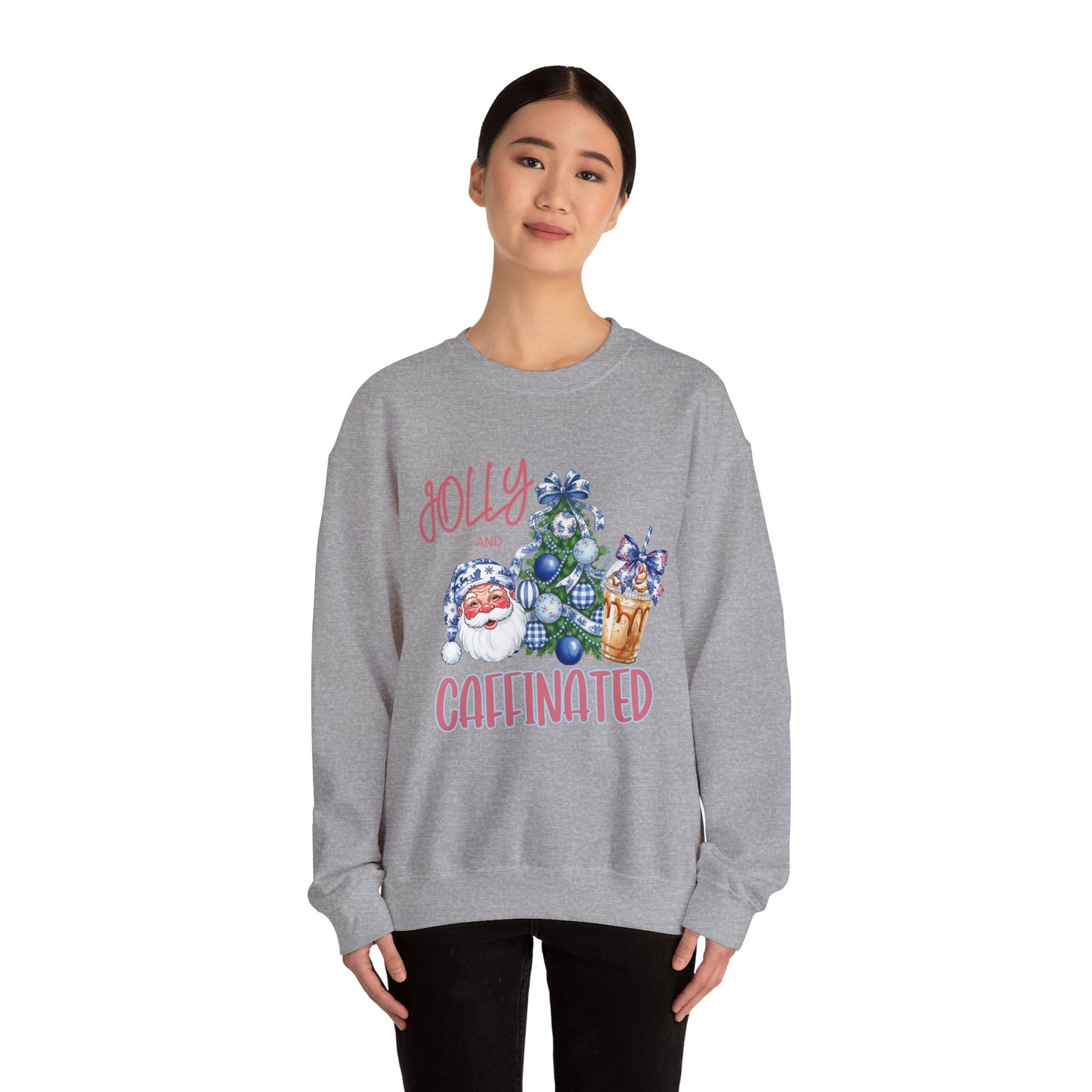 Jolly and Caffeinated Sweatshirt - Cozy Holiday Crewneck for Christmas, Winter, Gift, Festive Wear, Comfy Apparel