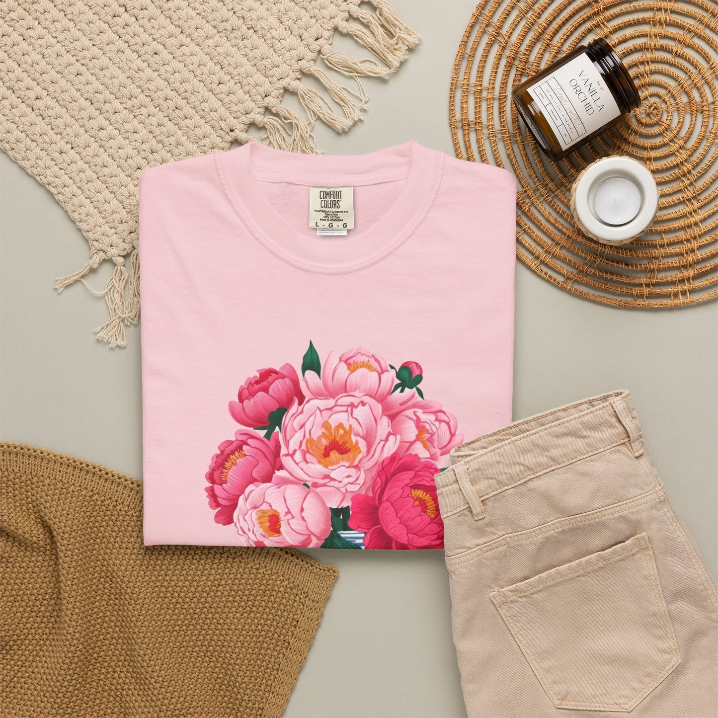 Peony Bouquet T-Shirt — Pink Peony in Vintage White & Blue Floral Vase